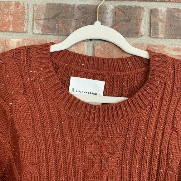 NWT Lucky Brand Men's Large Terracotta Orange Tweed Cable Knit Crewneck Sweater - Picture 7 of 14